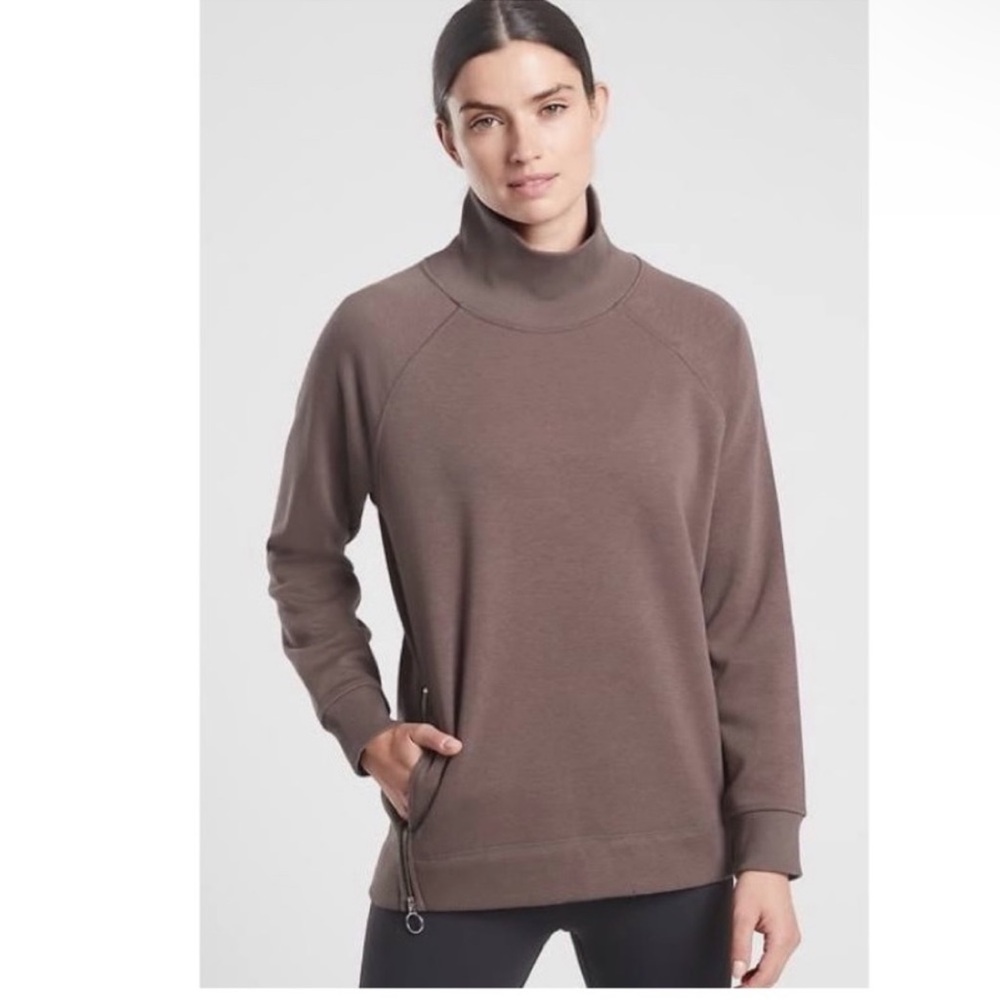 Athleta Cozy Karma Side Zip Funnel Neck Sweatshirt Fleece Chocolate Pullover